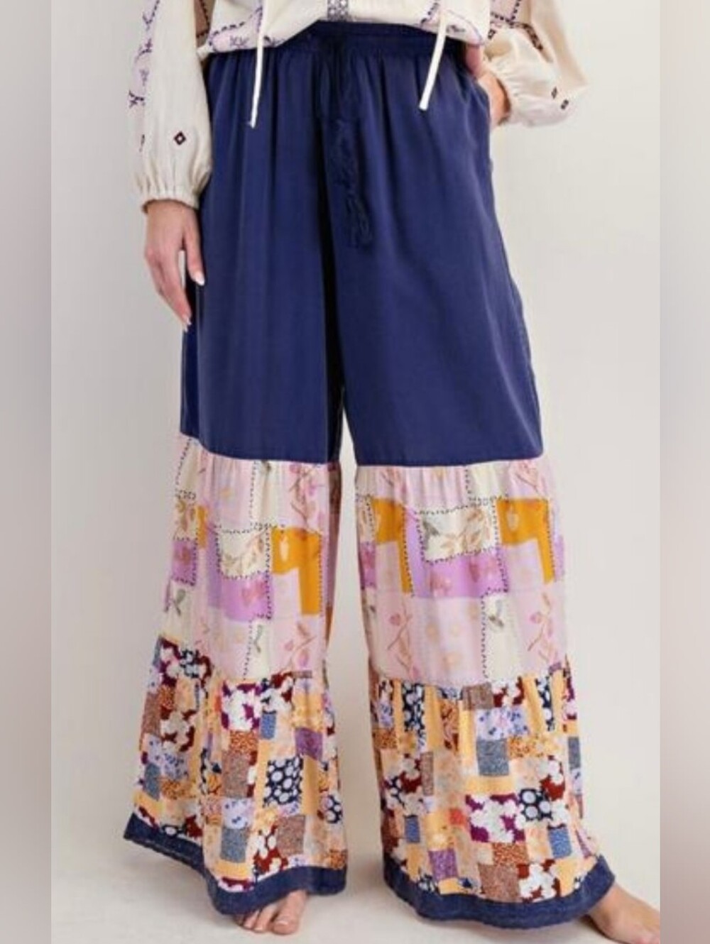 Easel Patchwork Boho Wide Leg Palazzo Pants Blue Floral Size Small